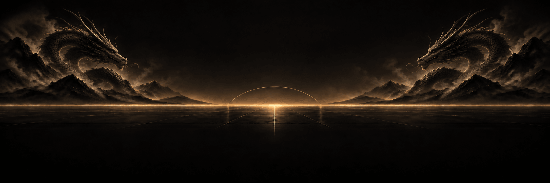 Two charcoal dragons facing inward above a gold horizon.