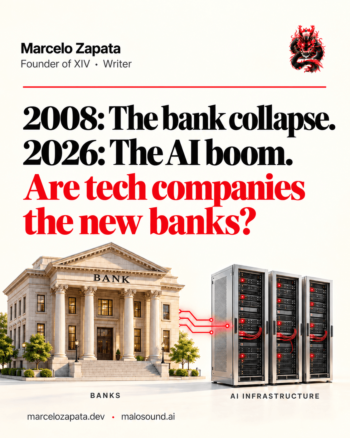 Marcelo Zapata’s bright editorial card comparing the 2008 bank collapse with the 2026 AI boom. A sunlit bank building connects to silver server racks under the question: Are tech companies the new banks? His name and a red-and-black XIV dragon appear above.